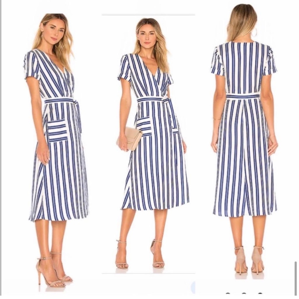 L’Academie Tuscy Striped Wrap Linen Midi Dress Size M